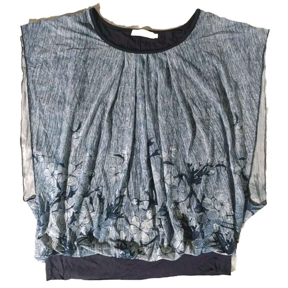 Baishenggt Women Blue  Floral Sheer Cotton Lined Tank Blouse Size Medium‎